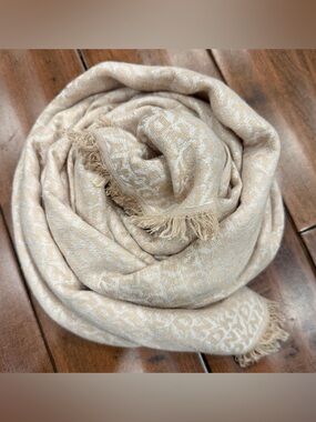 DKNY Monogram Fringe Scarf - Beige and Cream